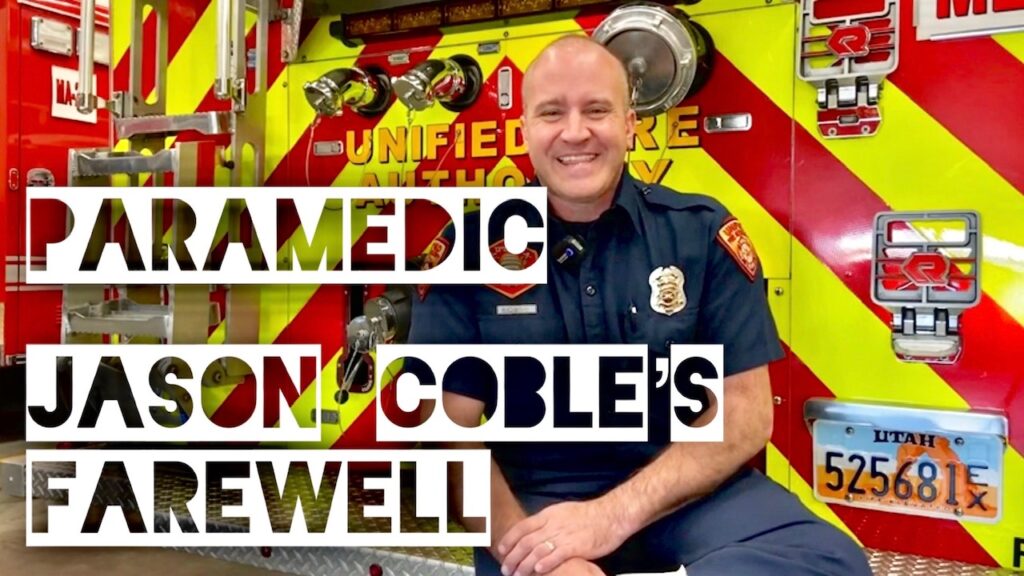 "Paramedic Jason Coble's Farewell" firefighter sitting on the back of an engine