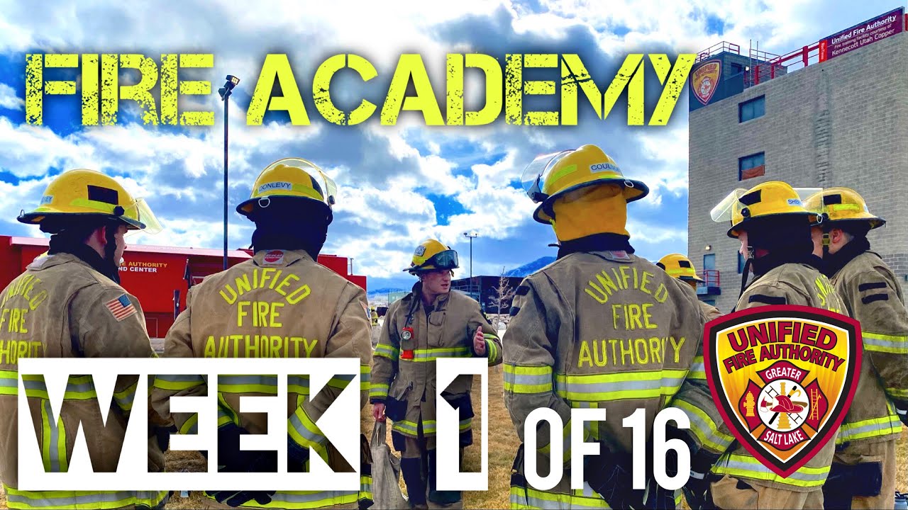 Firefighters standing in circle, "Fire Academy Week 1 of 16"